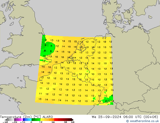 Temperatuurkaart (2m) ALARO wo 25.09.2024 06 UTC