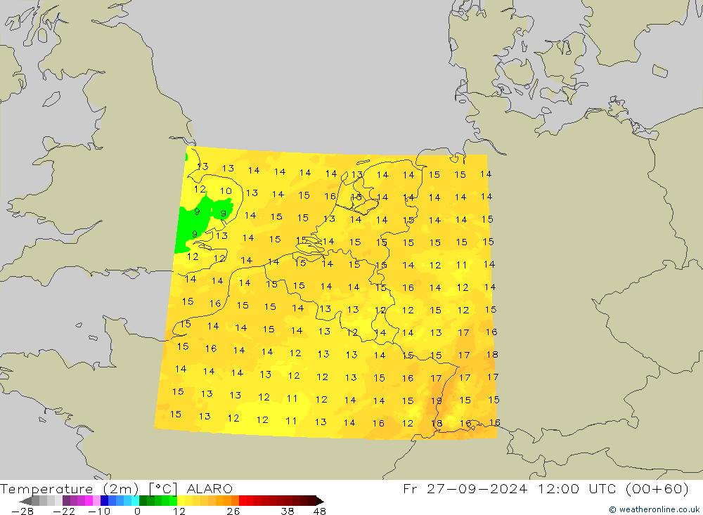 Temperaturkarte (2m) ALARO Fr 27.09.2024 12 UTC