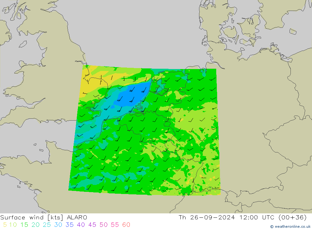 Surface wind ALARO Th 26.09.2024 12 UTC