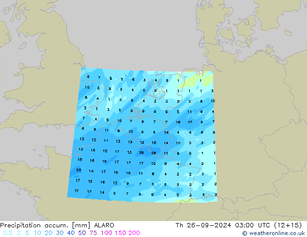 Precipitation accum. ALARO czw. 26.09.2024 03 UTC