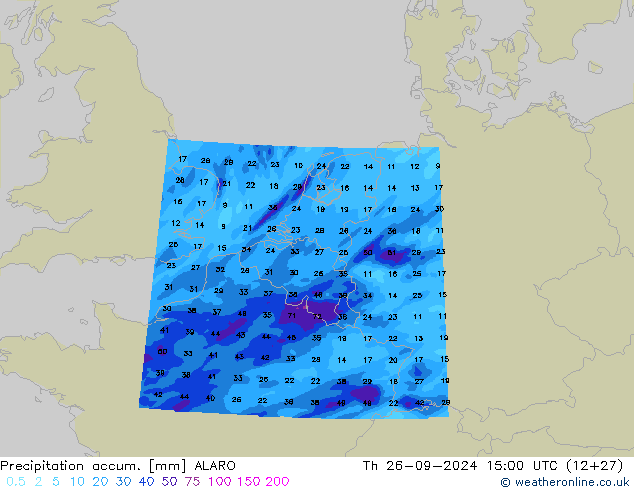 Precipitation accum. ALARO Th 26.09.2024 15 UTC