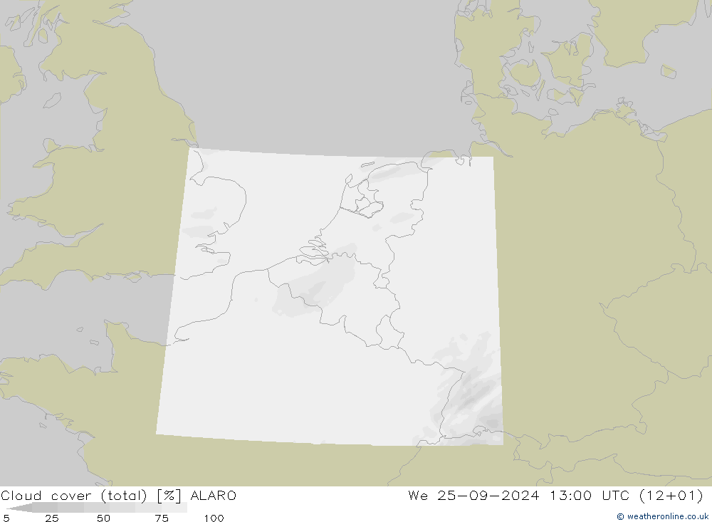 Cloud cover (total) ALARO We 25.09.2024 13 UTC