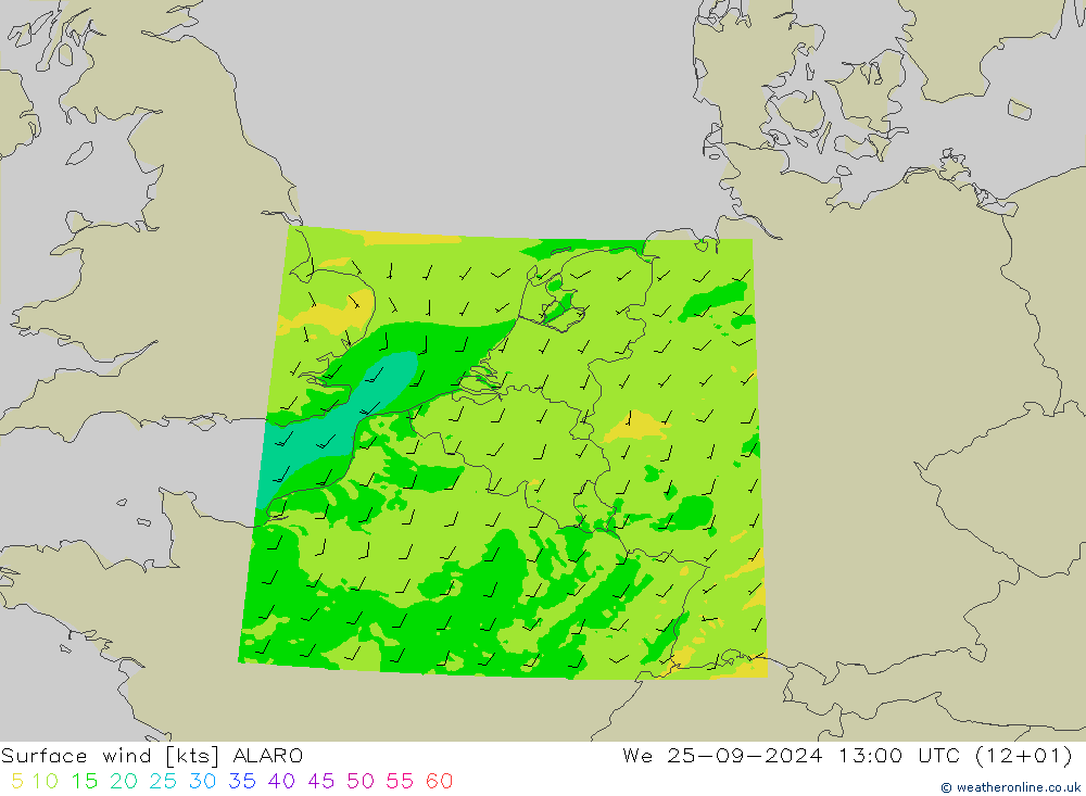 Viento 10 m ALARO mié 25.09.2024 13 UTC