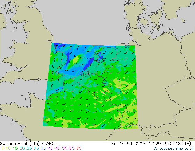 Surface wind ALARO Fr 27.09.2024 12 UTC