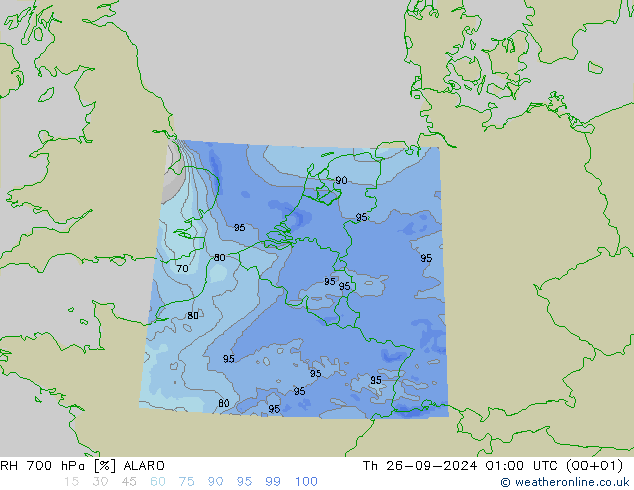 RH 700 hPa ALARO czw. 26.09.2024 01 UTC