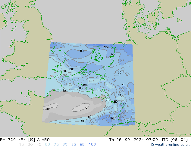 RH 700 hPa ALARO Čt 26.09.2024 07 UTC