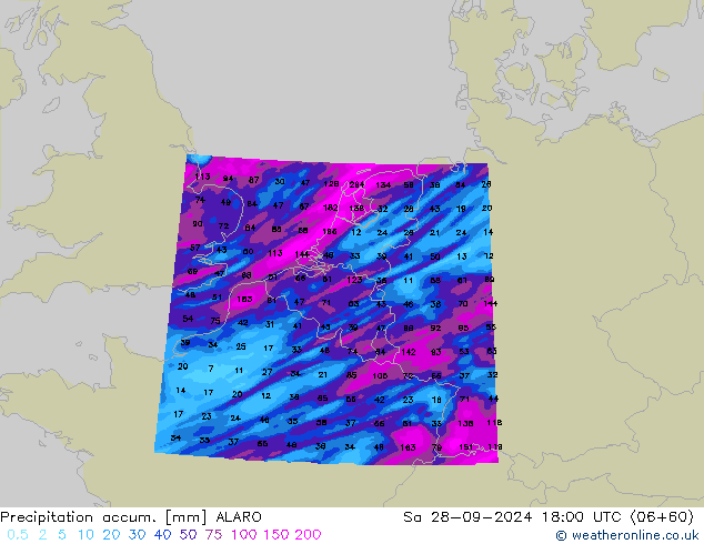 Precipitación acum. ALARO sáb 28.09.2024 18 UTC