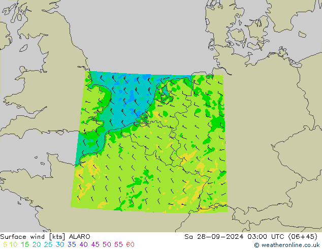 Vent 10 m ALARO sam 28.09.2024 03 UTC