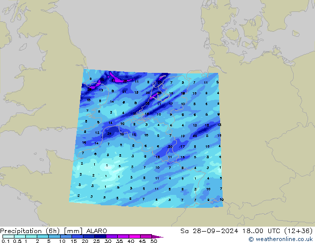 Precipitazione (6h) ALARO sab 28.09.2024 00 UTC