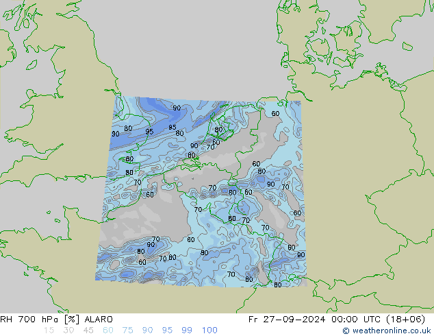 RH 700 гПа ALARO пт 27.09.2024 00 UTC