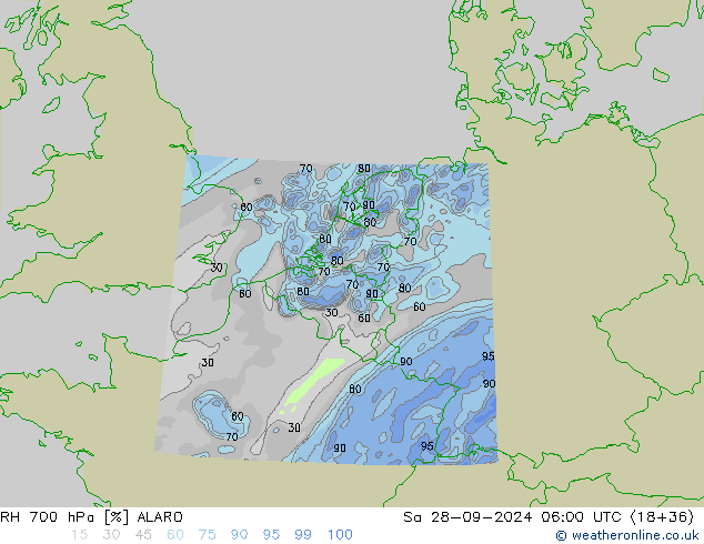 RH 700 hPa ALARO Sa 28.09.2024 06 UTC