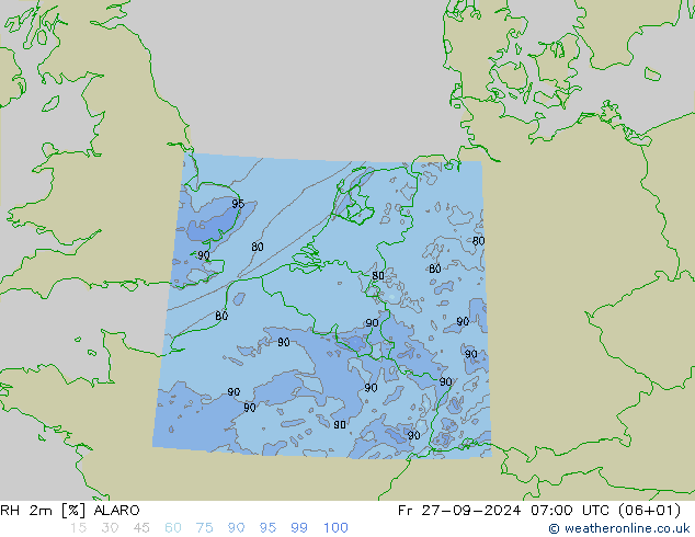 RH 2m ALARO 星期五 27.09.2024 07 UTC