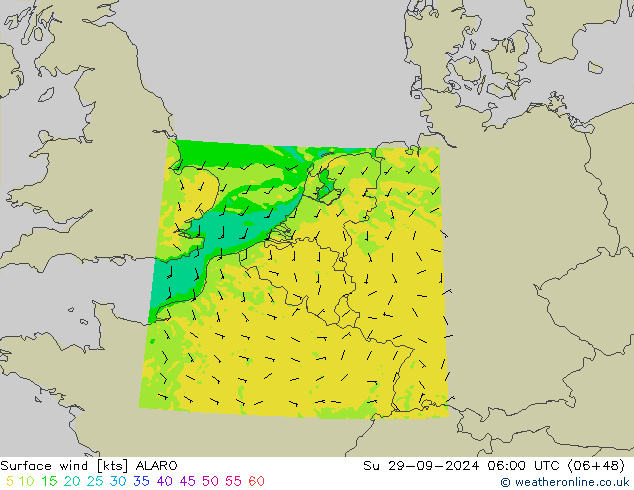 Wind 10 m ALARO zo 29.09.2024 06 UTC