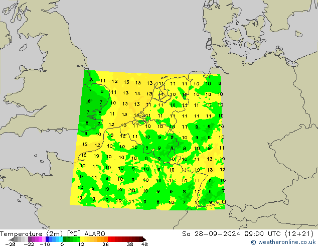 温度图 ALARO 星期六 28.09.2024 09 UTC