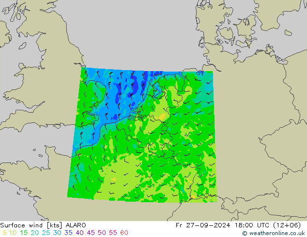 Wind 10 m ALARO vr 27.09.2024 18 UTC