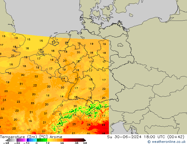 Temperatuurkaart (2m) Arome zo 30.06.2024 18 UTC