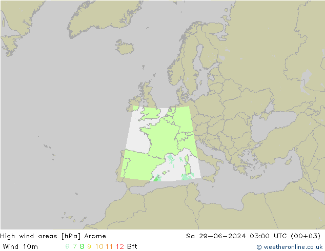 High wind areas Arome 星期六 29.06.2024 03 UTC