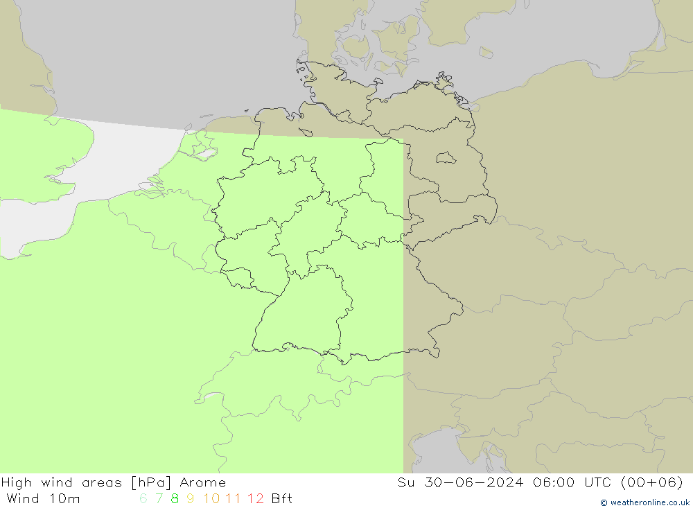 High wind areas Arome 星期日 30.06.2024 06 UTC