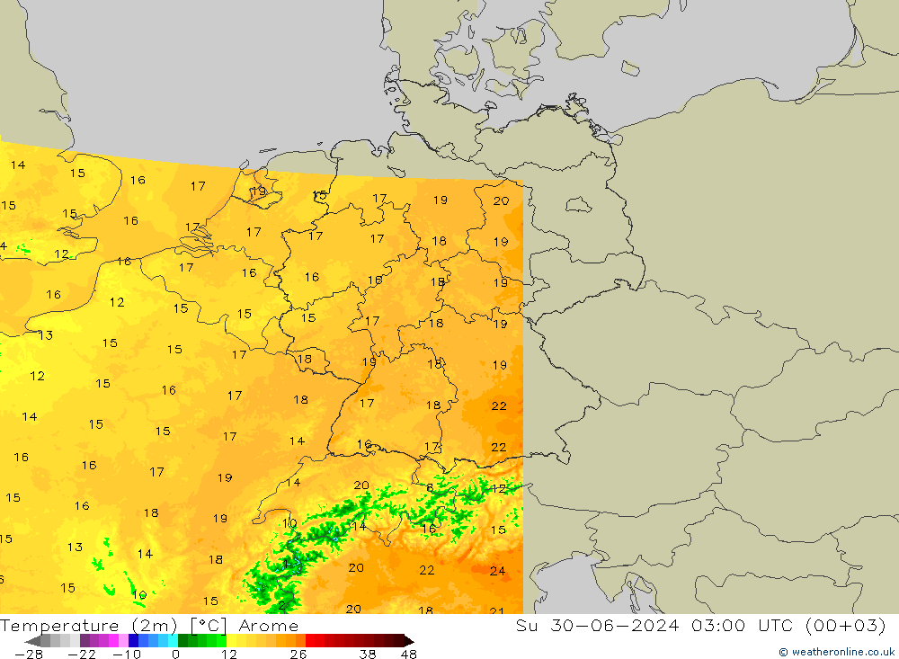 温度图 Arome 星期日 30.06.2024 03 UTC