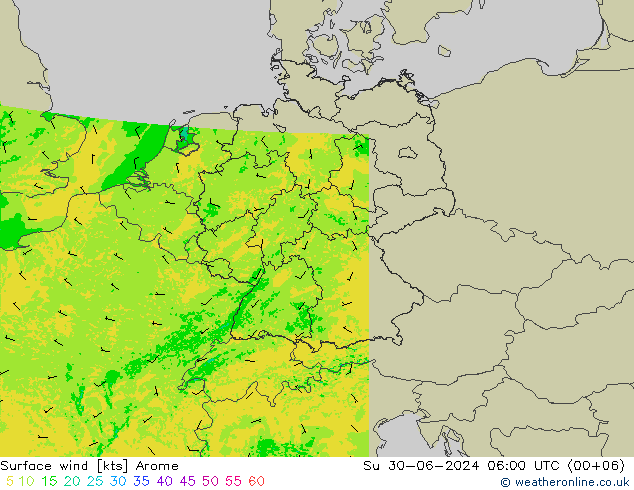 风 10 米 Arome 星期日 30.06.2024 06 UTC