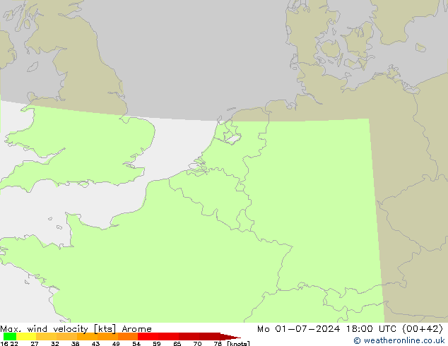 Max. wind velocity Arome 星期一 01.07.2024 18 UTC