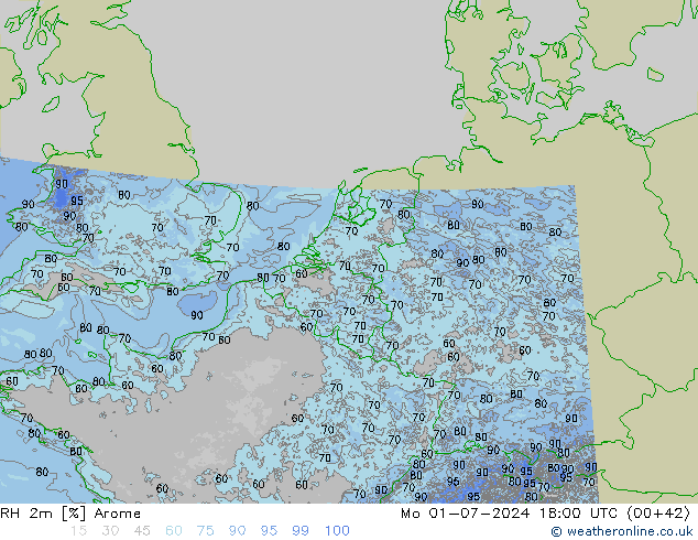 RH 2m Arome 星期一 01.07.2024 18 UTC