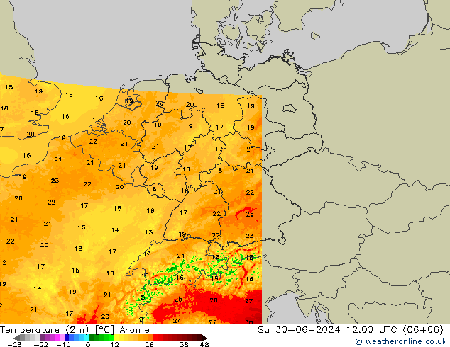 Temperatuurkaart (2m) Arome zo 30.06.2024 12 UTC