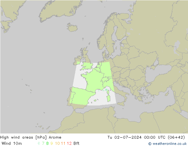 High wind areas Arome 星期二 02.07.2024 00 UTC