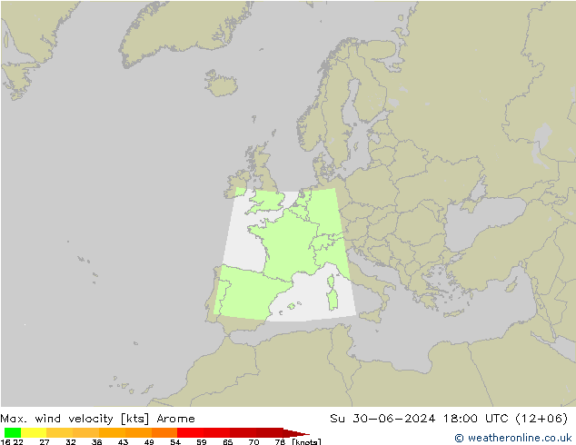 Max. wind snelheid Arome zo 30.06.2024 18 UTC