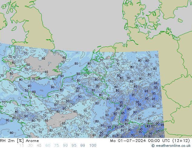 RH 2m Arome 星期一 01.07.2024 00 UTC