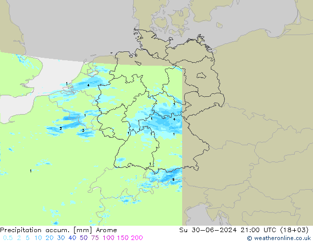 Precipitation accum. Arome 星期日 30.06.2024 21 UTC