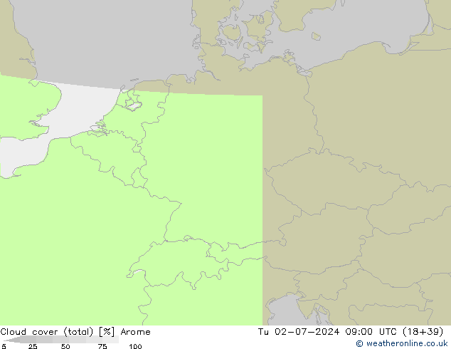 Bewolking (Totaal) Arome di 02.07.2024 09 UTC