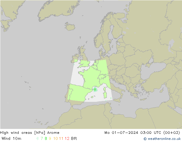 High wind areas Arome 星期一 01.07.2024 03 UTC