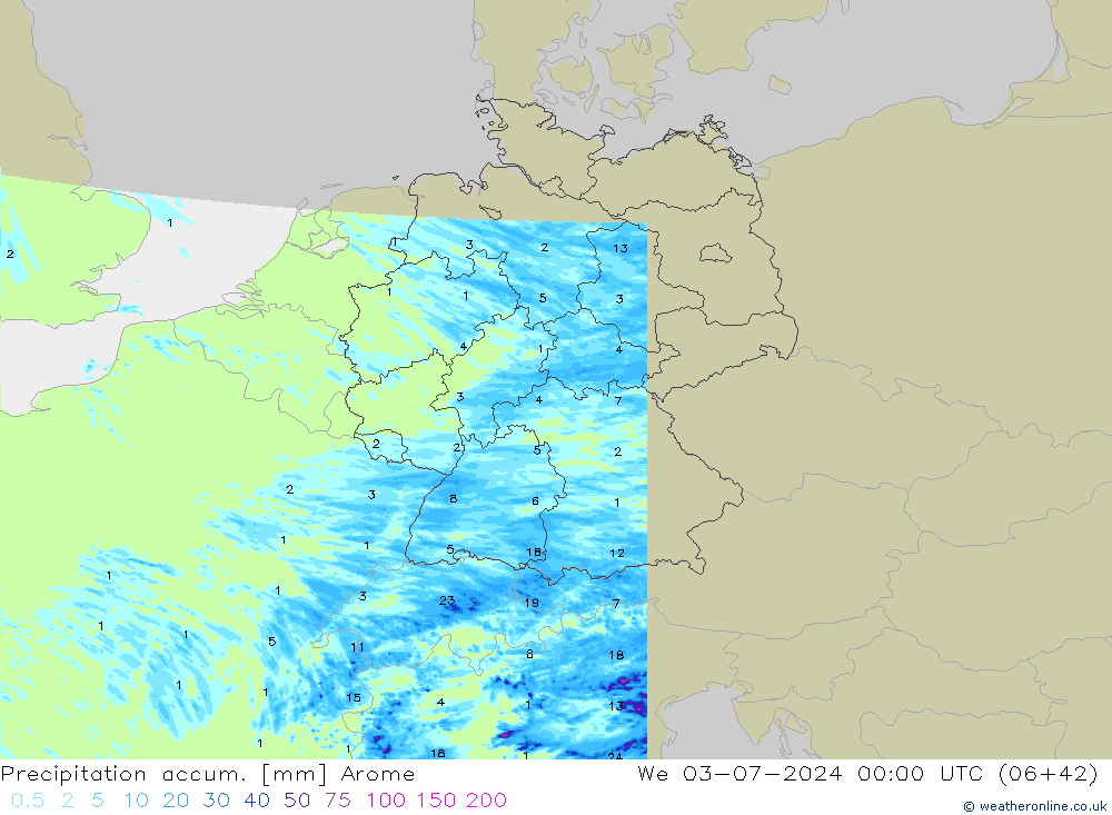 Totale neerslag Arome wo 03.07.2024 00 UTC