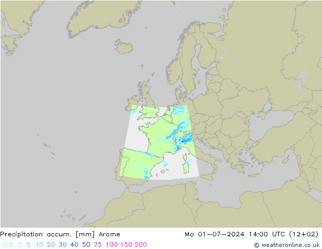 Precipitation accum. Arome 星期一 01.07.2024 14 UTC