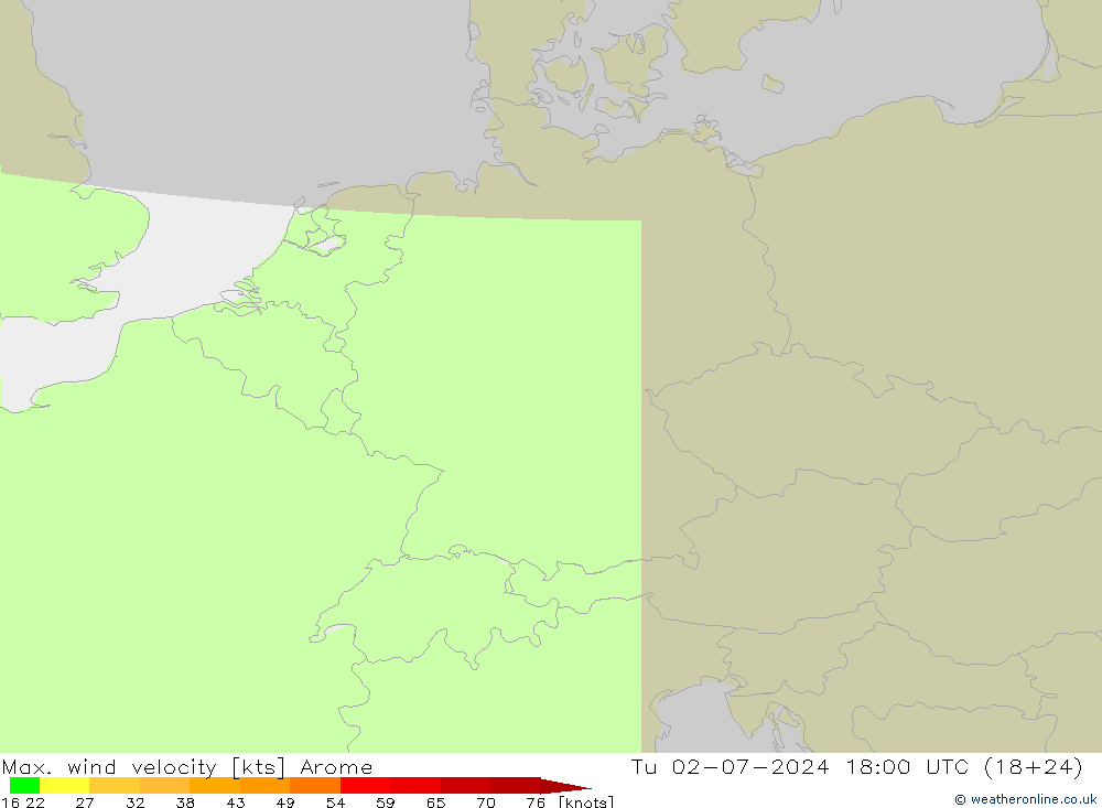Max. wind snelheid Arome di 02.07.2024 18 UTC