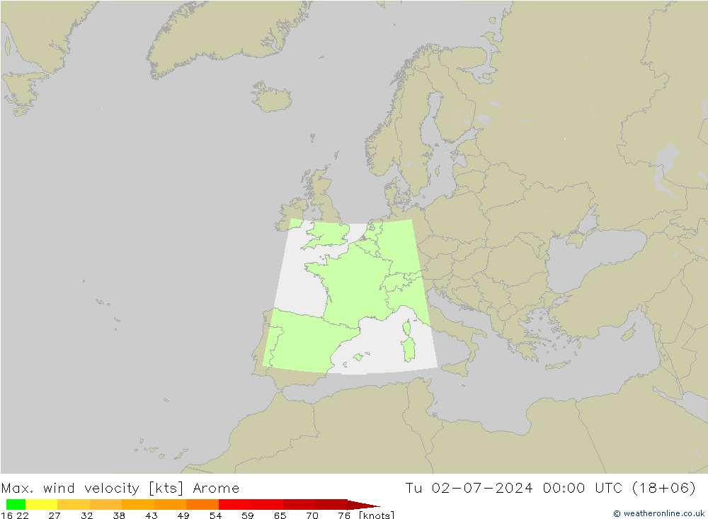 Max. wind velocity Arome 星期二 02.07.2024 00 UTC