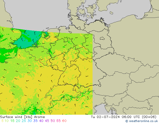 风 10 米 Arome 星期二 02.07.2024 06 UTC