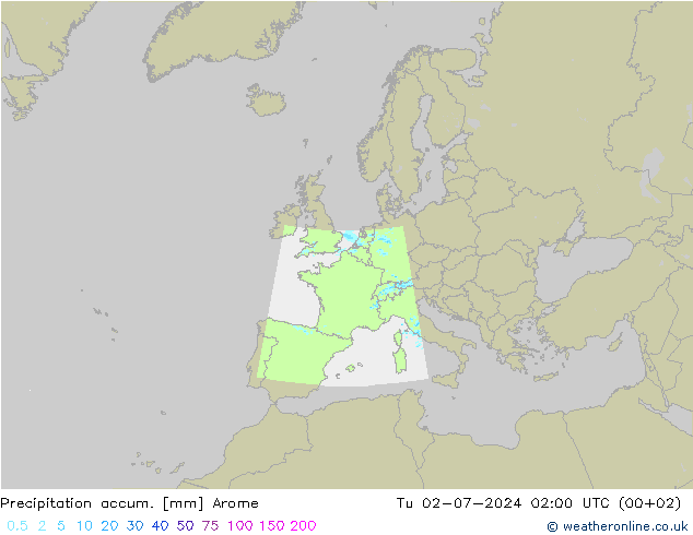 Precipitation accum. Arome 星期二 02.07.2024 02 UTC