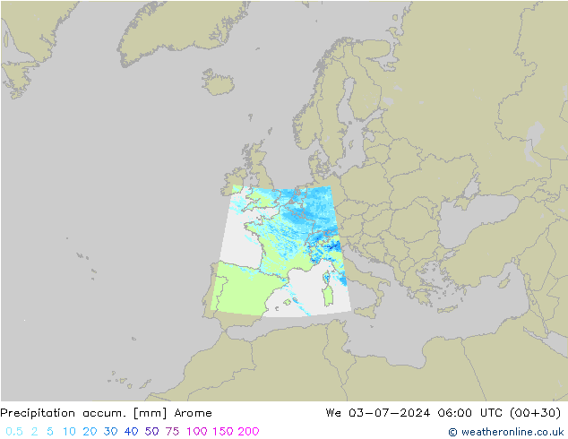 Totale neerslag Arome wo 03.07.2024 06 UTC