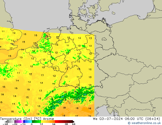Temperatuurkaart (2m) Arome wo 03.07.2024 06 UTC