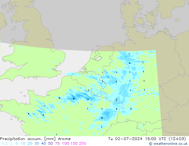 Precipitation accum. Arome 星期二 02.07.2024 15 UTC