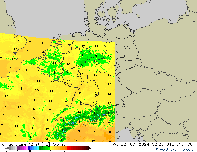 Temperatuurkaart (2m) Arome wo 03.07.2024 00 UTC