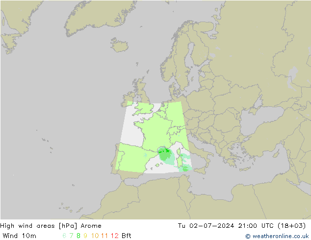 High wind areas Arome 星期二 02.07.2024 21 UTC