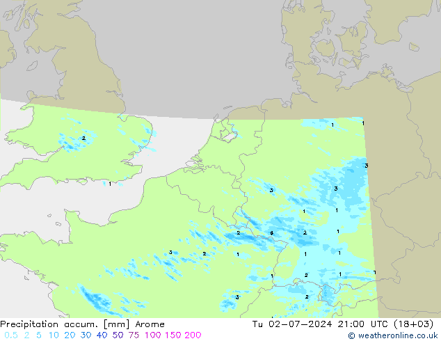 Precipitation accum. Arome 星期二 02.07.2024 21 UTC