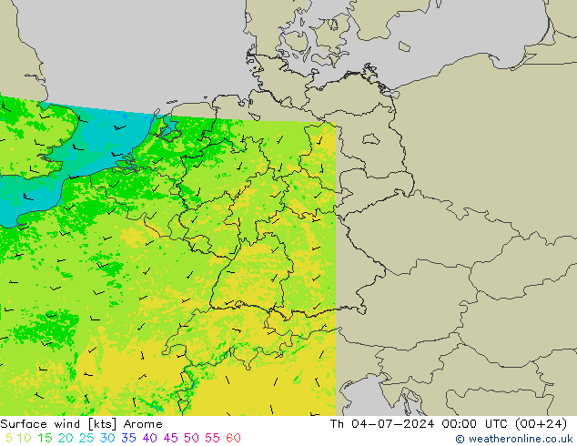 风 10 米 Arome 星期四 04.07.2024 00 UTC