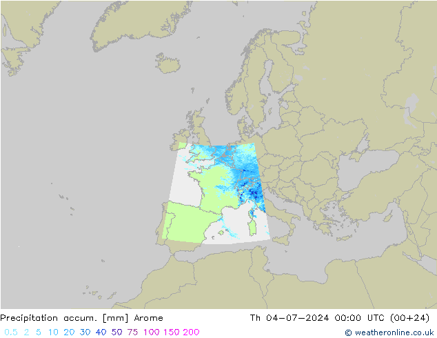 Precipitation accum. Arome 星期四 04.07.2024 00 UTC
