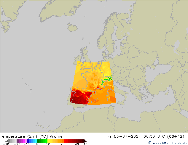 Temperatuurkaart (2m) Arome vr 05.07.2024 00 UTC
