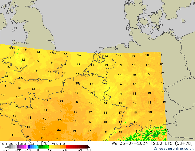 Temperatuurkaart (2m) Arome wo 03.07.2024 12 UTC