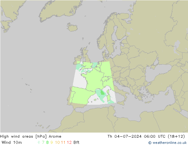 High wind areas Arome 星期四 04.07.2024 06 UTC